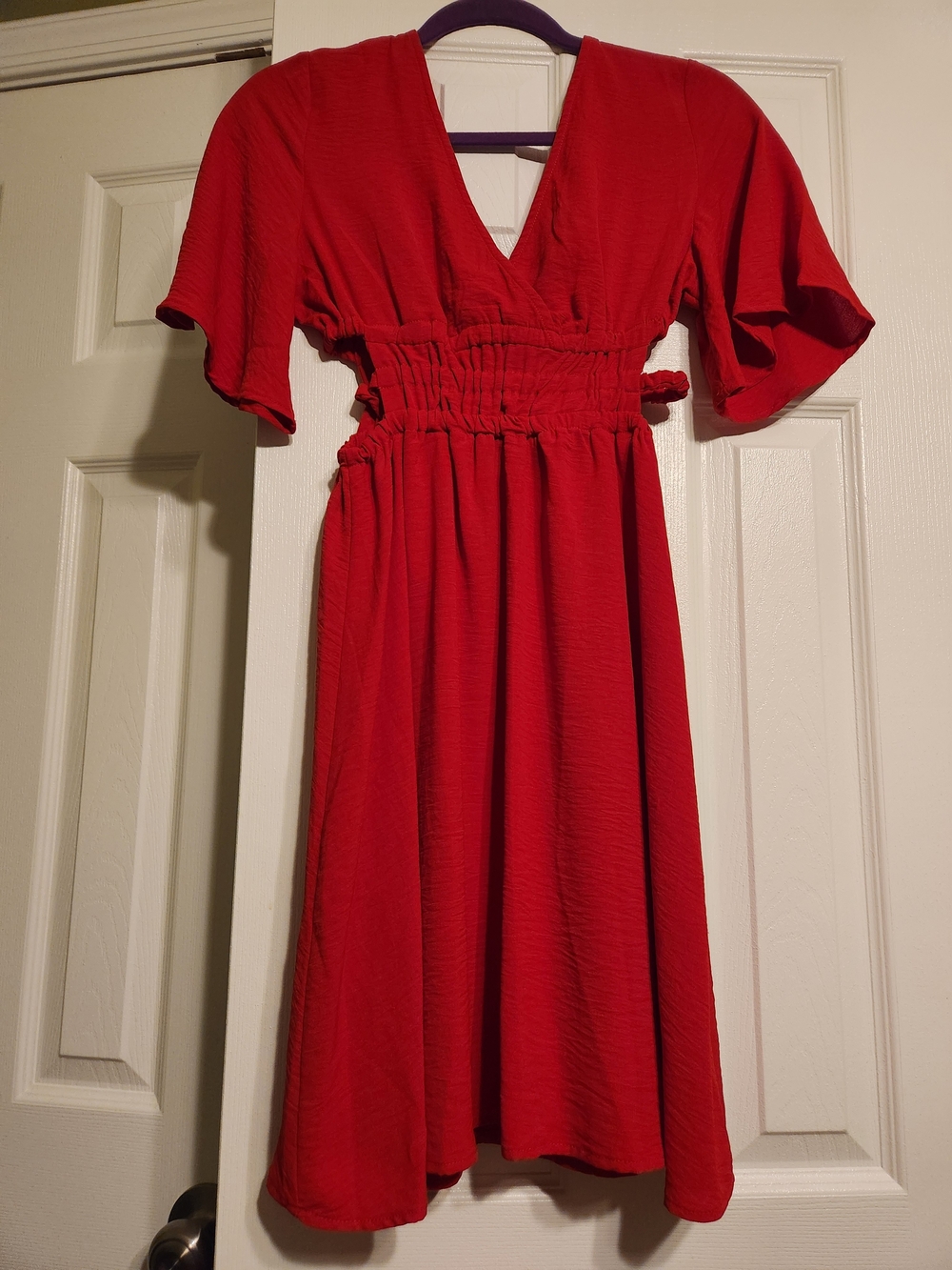 SHEIN Red V-Neck Smocked Waist Midi Dress